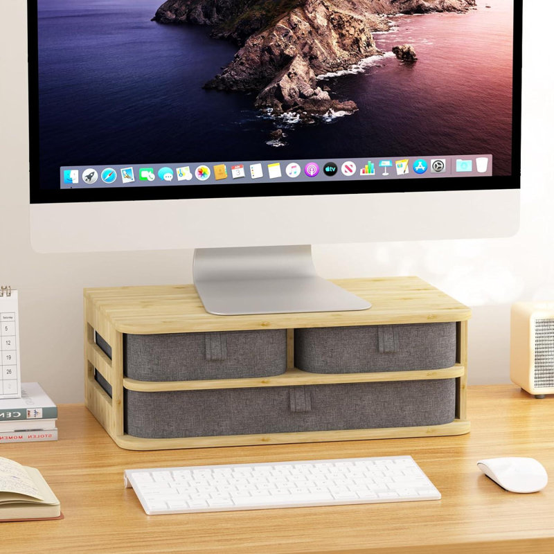 Modelski Monitor Stand Riser With 3 Drawers Bamboo Computer Monitor Stand For Desk